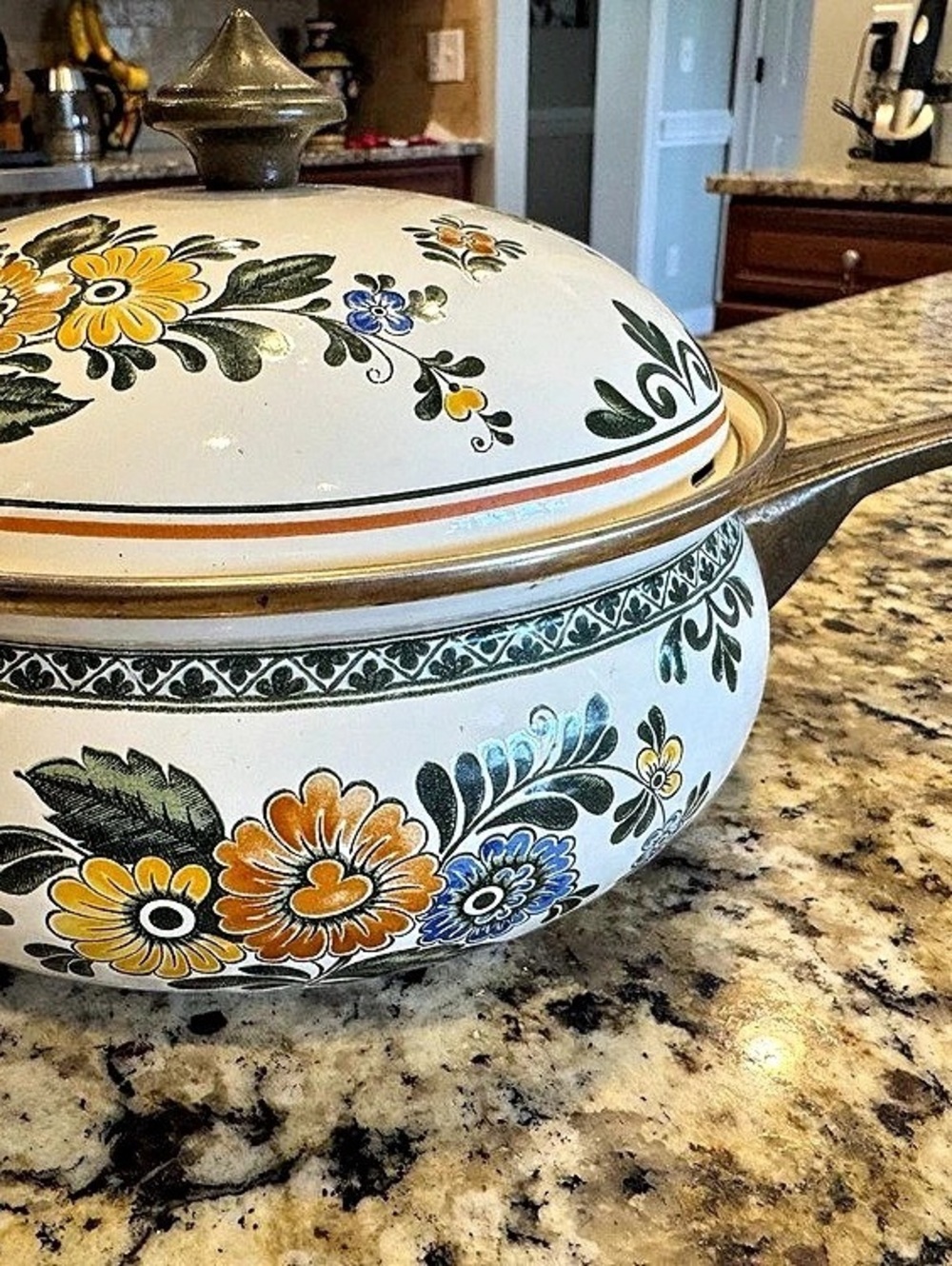 Vintage Floral Enamel Cookware Pan with Lid, Retro Orange, Blue & Yellow Flowers